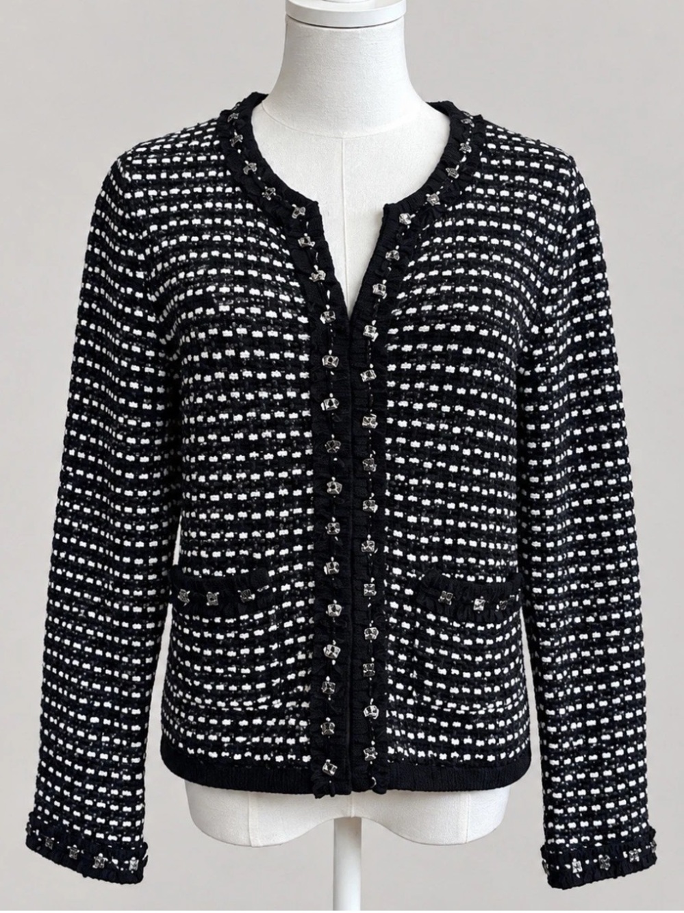 White House Black Market Black and White Tweed Cardigan